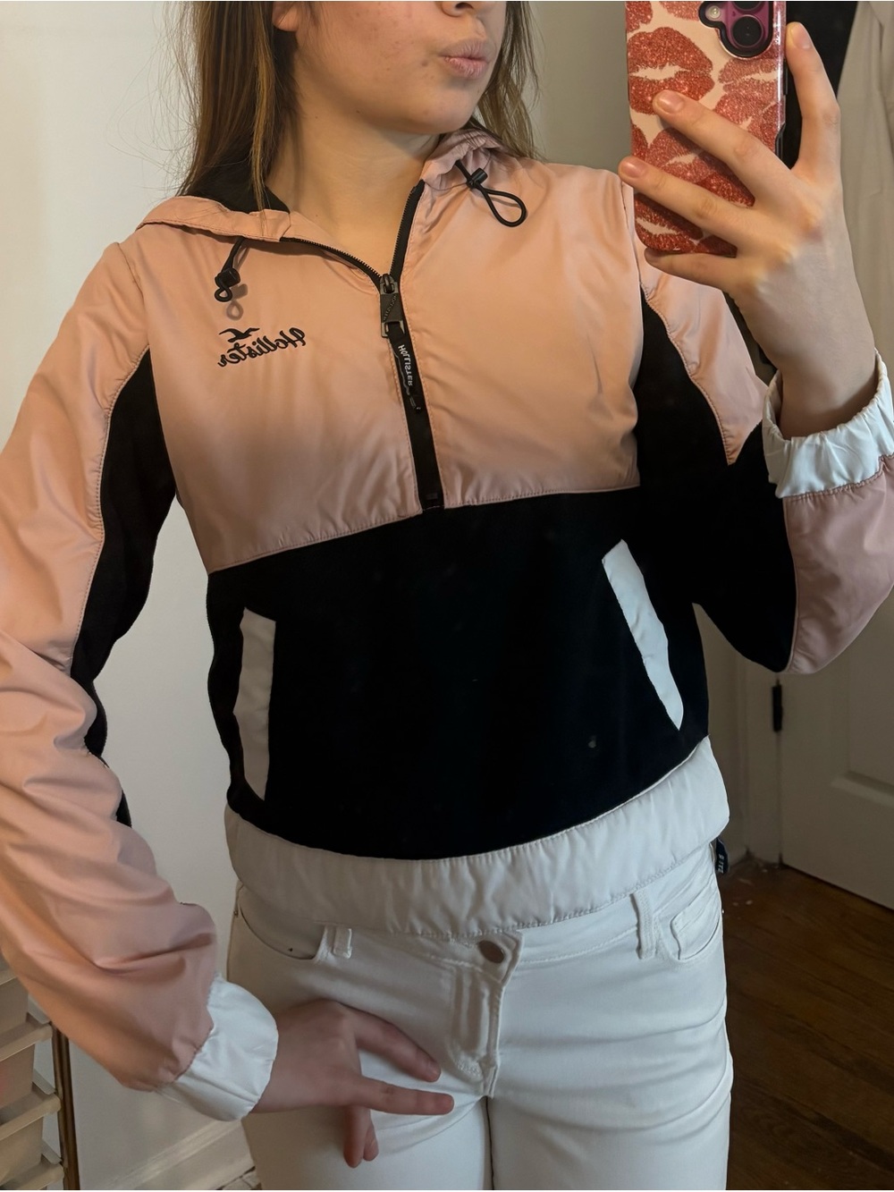 Hollister Pink Black White Colorblock Hooded Bomber Jacket
